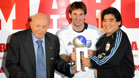 Von links: Alfredo di Stefano, Lionel Messi, Diego Maradona