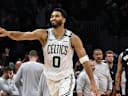 Oct 27, 2026; Boston, Massachusetts, USA; Boston Celtics forward Jayson Tatum (0) celebrates his game winning shot at the end of overtime to defeat the Brooklyn Nets at TD Garden. Mandatory Credit: Winslow Townson-Imagn Images