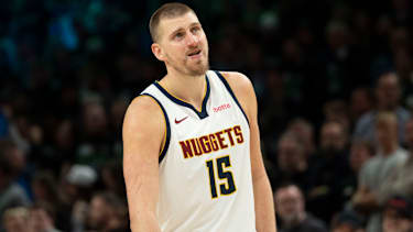 Apr 30, 2026; Minneapolis, Minnesota, USA; Denver Nuggets center Nikola Jokic (15) looks on against the Minnesota Timberwolves in the second half during game six of the first round of the 2026 NBA Playoffs at Target Center. Mandatory Credit: Jesse Johnson-Imagn Images
