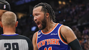 Jun 13, 2026; San Antonio, Texas, USA; New York Knicks guard Jalen Brunson (11) yells at referee Tyler Ford (39) during the third quarter during game five of the 2026 NBA Finals at Frost Bank Center. Mandatory Credit: Geoff Burke-Imagn Images