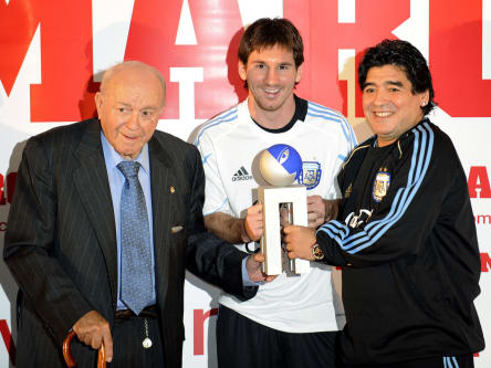 Von links: Alfredo di Stefano, Lionel Messi, Diego Maradona