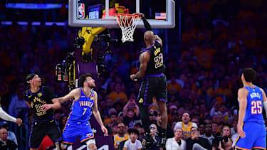 May 11, 2026; Los Angeles, California, USA; Los Angeles Lakers forward LeBron James (23) dunks for the basket against the Oklahoma City Thunder during the second half in game four of the second round of the 2026 NBA Playoffs at Crypto.com Arena. Mandatory Credit: Gary A. Vasquez-Imagn Images