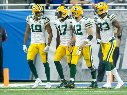 Equanimeous St. Brown, Davante Adams, Aaron Rodgers und Marquez Valdes-Scantling (v.l.n.r.) sind Spieler der Green Bay Packers.