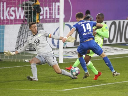 Gefordert: VfL-Keeper Koen Casteels (l.) pariert gegen Christoph Baumgartner.