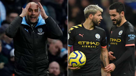 Immer diese Elfmeter: Pep Guardiola und zwei der Fehlschützen dieser Saison - Sergio Aguero und Ilkay Gündogan (r.).