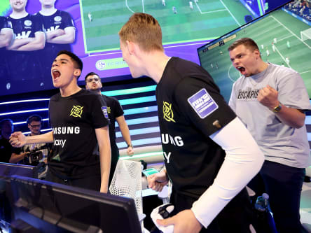 COPENHAGEN, DENMARK - JULY 22: Olle Arbin (Ollelito) of Ninjas in Pyjamas and Levi Lorenzo de Weerd (de Weerd) of Ninjas in Pyjamas celebrates during the knockout match between Ninjas in Pyjamas and FC Schalke 04 as part of the FIFAe Club World Cup 2022 on July 22, 2022 in Copenhagen, Denmark. (Photo by Gonzalo Arroyo - FIFA/FIFA via Getty Images)