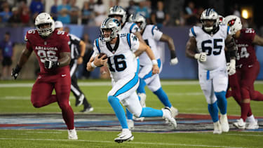 Aug 6, 2026; Canton, Ohio, USA; Carolina Panthers quarterback Haynes King (16) carries the ball against the Arizona Cardinals at Tom Benson Hall of Fame Stadium. Mandatory Credit: Kirby Lee-Imagn Images