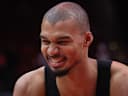 Jan 20, 2026; Houston, Texas, USA;  San Antonio Spurs forward Victor Wembanyama (1) laughs as he warms-up before playing against the Houston Rockets at Toyota Center. Mandatory Credit: Thomas Shea-Imagn Images