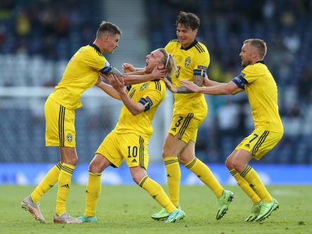 Außer sich vor Freude: Mikael Lustig, Emil Forsberg Victor Lindelöf, Sebastian Larsson (v.li.) bejubeln das 1:1.
