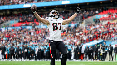 RECORD DATE NOT STATED 18th October 2026; Wembley Stadium, London, England; NFL, American Football Herren, USA American Football, Jacksonville Jaguars versus Houston Texans; Houston Texans tight end Foster Moreau celebrates scoring a touchdown HenningxVonxJagow