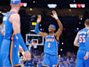 May 5, 2026; Oklahoma City, Oklahoma, USA; Oklahoma City Thunder guard Shai Gilgeous-Alexander (2) celebrates with his team after a play against the Los Angeles Lakers in the second half during game one of the second round of the 2026 NBA Playoffs at Paycom Center. Mandatory Credit: Alonzo Adams-Imagn Images