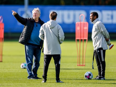 Weiß noch immer, wo es langgeht: Horst Hrubesch (li.), hier im Gespräch mit Co-Trainer Hannes Drews und HSV-Coach Daniel Thioune (r.).