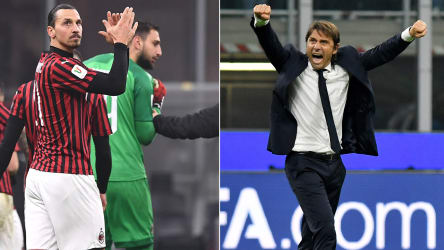Milan-Stürmer Zlatan Ibrahimovic (l.) und Inter-Coach Antonio Conte sind angriffslustig