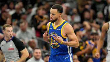 Nov 14, 2025; San Antonio, Texas, USA; Golden State Warriors guard Stephen Curry (30) reacts after scoring a three-point basket during the second half against the San Antonio Spurs at Frost Bank Center. Mandatory Credit: Scott Wachter-Imagn Images