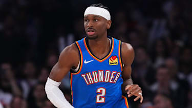 Oklahoma City Thunder's Shai Gilgeous-Alexander (2) during the first half of an NBA basketball game against the New York Knicks Wednesday, March 4, 2026, in New York. (AP Photo/Frank Franklin II)