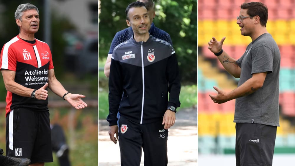 Die Trainer von VSG Altglienicke, Energie Cottbus und Viktoria Berlin: Karsten Heine, Sebastian Abt und Benedetto Muzzicato.