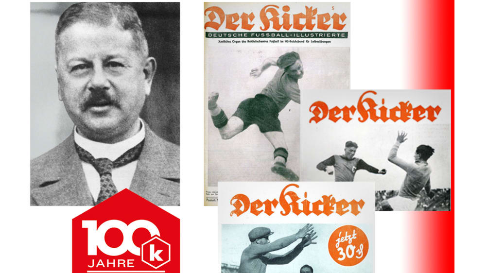 kicker-Gründer Walther Bensemann und Ausgaben des Fachmagazins aus den Jahren 1933 und 1942.