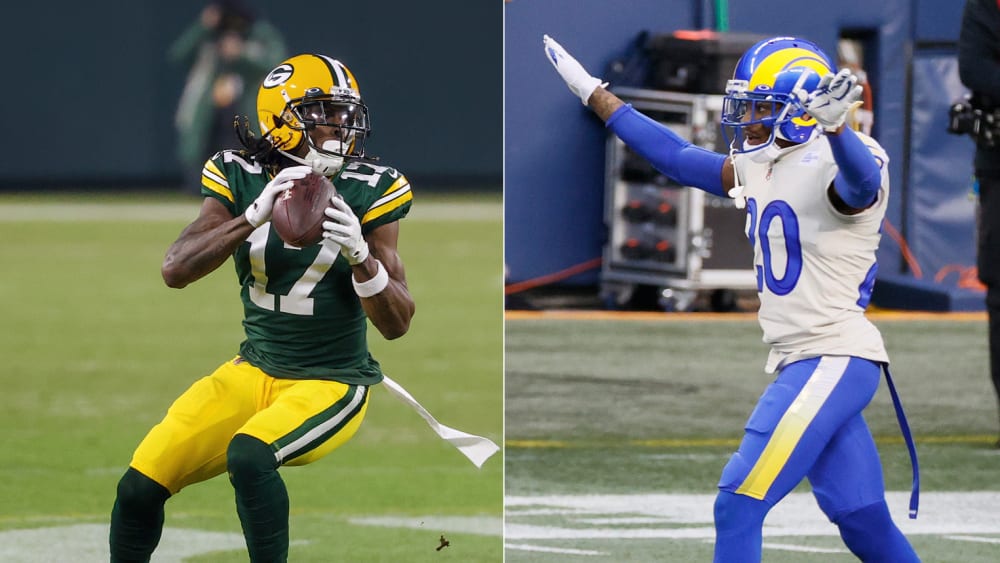 Stehen sich am Samstag in Green Bay gegenüber: Packers-Receiver Davante Adams (li.) und Rams-Cornerback Jalen Ramsey.