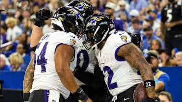 Sep 13, 2026; Indianapolis, IN, USA; Baltimore Ravens running back Derrick Henry (22) celebrates touchdown with his teammates during NFL, American Football Herren, USA game action against the Indianapolis Colts at Lucas Oil Stadium. Mandatory Credit: -Cal Media Indianapolis USA - ZUMAc04_ 20260913_zma_c04_186 Copyright: xJohnxMersitsx