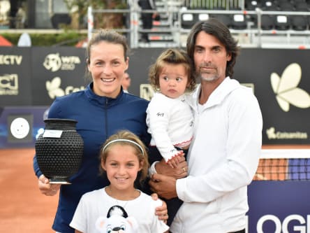 April 10, 2022, Bogota, Cundinamarca, Colombia: Tatjana Maria from Germany poses for a photo withe her family after winning the final match against Brazilian Laura Pigossi at the Copa Colsanitas of the WTA, Tennis Damen Tournament in Bogota, Colombia, April 10, 2022. : Long Visual Press Bogota Colombia - ZUMAvp1_ 0155272488st Copyright: xCristianxBayonax