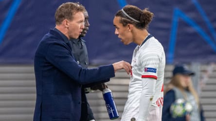 Leipzigs Trainer Julian Nagelsmann und Angreifer Yussuf Poulsen.