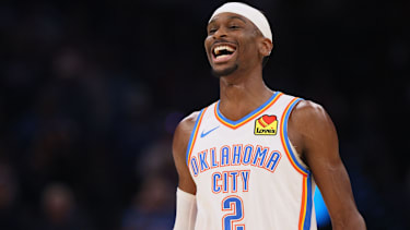 Oklahoma City Thunder guard Shai Gilgeous-Alexander laughs during the second half of an NBA basketball game against the New York Knicks, Sunday, March 29, 2026, in Oklahoma City. (AP Photo/Nate Billings)