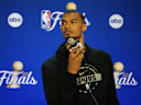 Jun 2, 2026; San Antonio, TX, USA; San Antonio Spurs forward Victor Wembanyama (1) talks to press during media day at Frost Bank Center. Mandatory Credit: Dustin Safranek-Imagn Images