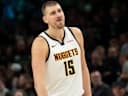 Apr 30, 2026; Minneapolis, Minnesota, USA; Denver Nuggets center Nikola Jokic (15) looks on against the Minnesota Timberwolves in the second half during game six of the first round of the 2026 NBA Playoffs at Target Center. Mandatory Credit: Jesse Johnson-Imagn Images