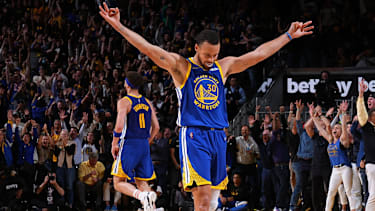 SAN FRANCISCO, CA - MAY 13: Stephen Curry #30 and Klay Thompson #11 of the Golden State Warriors celebrate a three point basket against the Memphis Grizzlies during Game 6