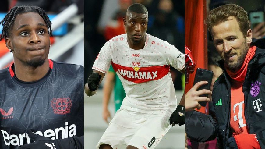 Protagonisten der Bundesliga: Jeremie Frimpong, Serhou Guirassy und Harry Kane (v. li.).
