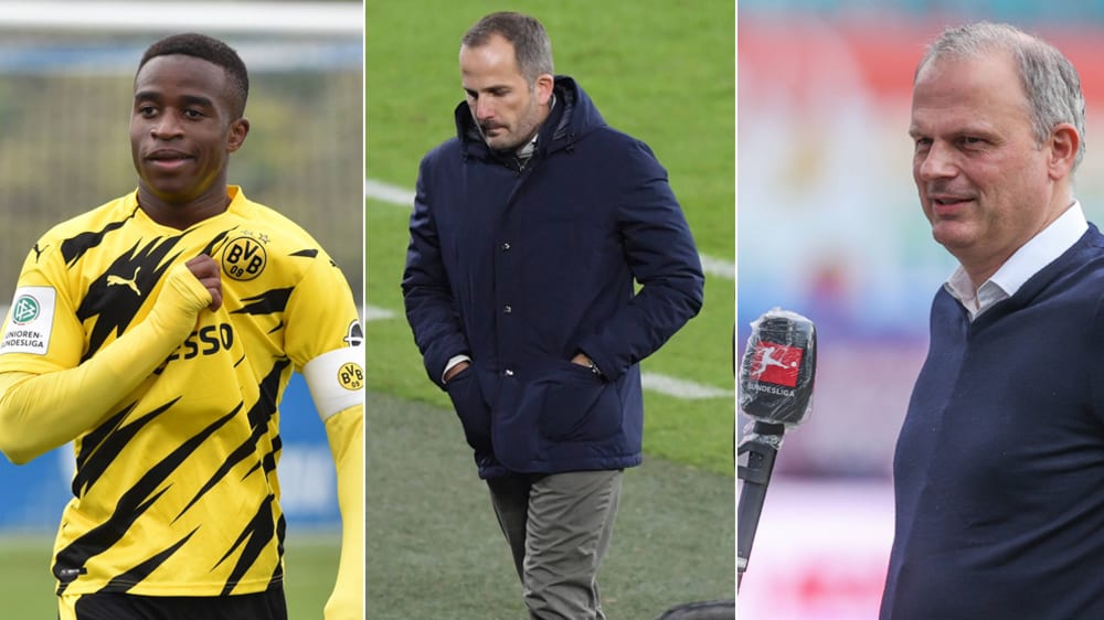 Derby mit Nachspiel: Youssoufa Moukoko, Manuel Baum, Jochen Schneider (v.l.).