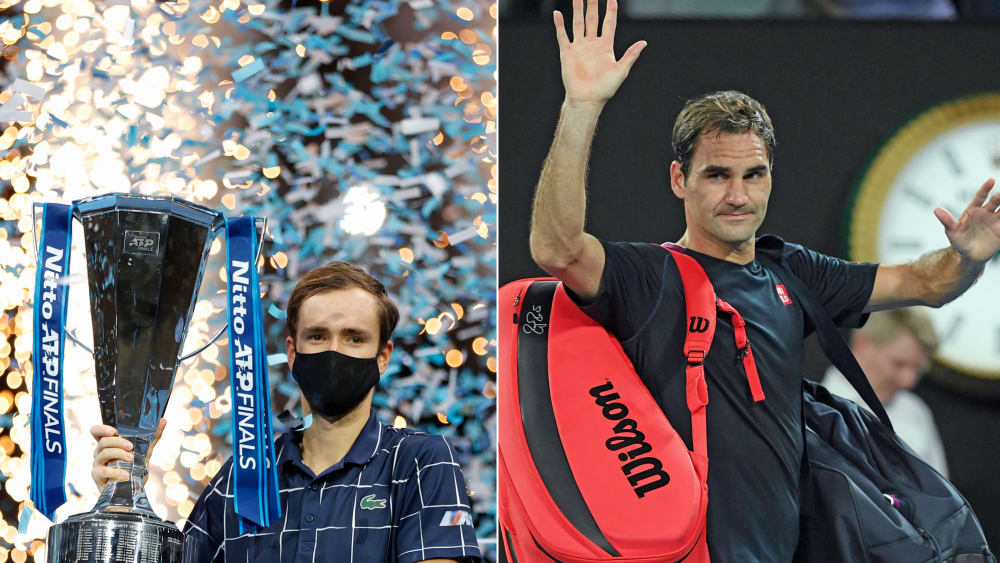 Das letzte Bild der Saison 2020 und hoffentlich eines, das 2021 zu sehen sein wird: Daniil Medvedev (li.) jubelt und Roger Federer kehrt zurück.