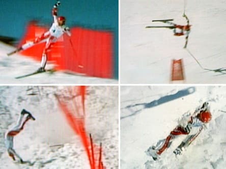 Vier Fernsehbilder zeigen die Sturzfolge des Österreichers Hermann Maier.
