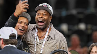 Jun 13, 2026; San Antonio, Texas, USA; former player Patrick Ewing celebrates after the Knicks defeat the San Antonio Spurs during game five of the 2026 NBA Finals at Frost Bank Center. Mandatory Credit: Geoff Burke-Imagn Images