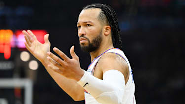 May 23, 2026; Cleveland, Ohio, USA; New York Knicks guard Jalen Brunson (11) reacts in the third quarter against the Cleveland Cavaliers during game three of the eastern conference finals for the 2026 NBA playoffs at Rocket Arena. Mandatory Credit: David Richard-Imagn Images