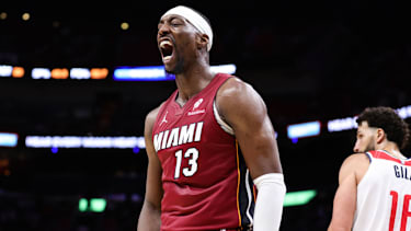 MIAMI, FLORIDA - MARCH 10: Bam Adebayo #13 of the Miami Heat celebrates during the fourth quarter of the game against the Washington Wizards at Kaseya Center on March 10, 2026 in Miami, Florida. NOTE TO USER: User expressly acknowledges and agrees that, by downloading and or using this photograph, User is consenting to the terms and conditions of the Getty Images License Agreement. (Photo by Megan Briggs/Getty Images)