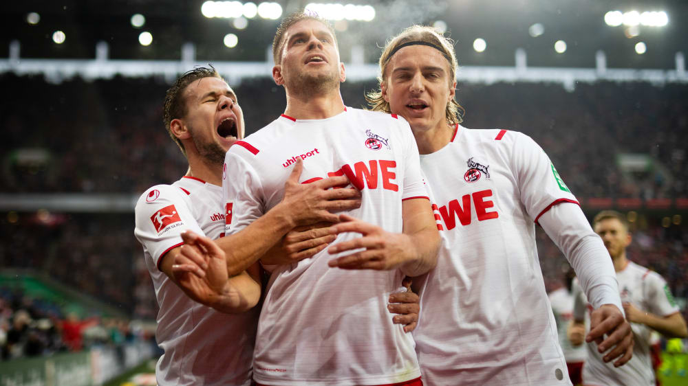 Ausgelassen: Louis Schaub, Simon Terodde und Sebastian Bornauw (v.l.) freuen sich über die Kölner Führung.
