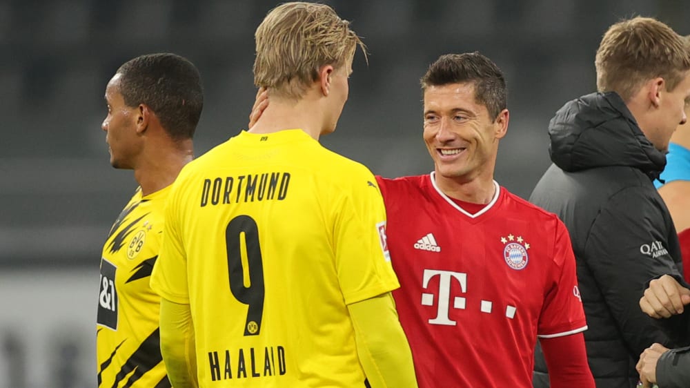 Ganz oben in der Bundesliga-Schützenliste und gemeinsam in der ESM-Elf November: Erling Haaland und Robert Lewandowski (re.).