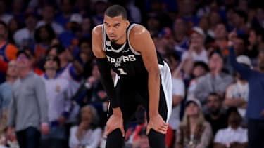 Jun 10, 2026; New York, New York, USA; San Antonio Spurs forward Victor Wembanyama (1) reacts during the fourth quarter of game four of the 2026 NBA Finals against the New York Knicks at Madison Square Garden. Mandatory Credit: Brad Penner-Imagn Images