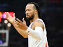 May 23, 2026; Cleveland, Ohio, USA; New York Knicks guard Jalen Brunson (11) reacts in the third quarter against the Cleveland Cavaliers during game three of the eastern conference finals for the 2026 NBA playoffs at Rocket Arena. Mandatory Credit: David Richard-Imagn Images