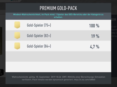 Seit FIFA 19 schlüsselt EA die Wahrscheinlichkeiten auf. Augenfällig: Für die besten Spieler fehlt die Angabe.