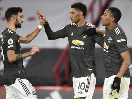 Die vielseitigste Offensive der Premier League? Bruno Fernandes, Marcus Rashford und Anthony Martial (v.l.).