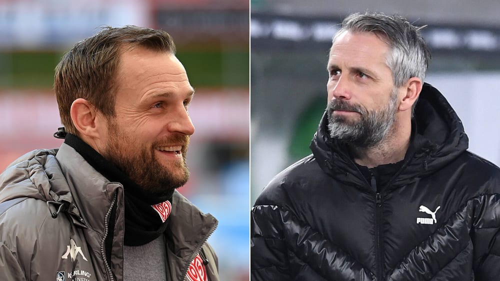 Der Mainzer Trainer Bo Svensson (li.) und Gladbachs Coach Marco Rose schw&#228;rmen voneinander.