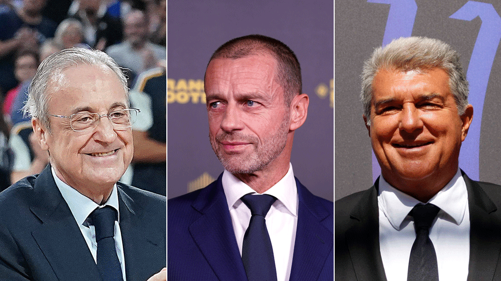 Im Fokus: Real-Präsident Florentino Perez, UEFA-Präsident Aleksander Ceferin und Barça-Präsident Joan Laporta (v.li.).