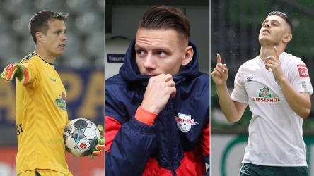 Drei, die in diesem Sommer innerhalb der Bundesliga wechseln könnten: Alexander Schwolow (Freiburg), Hannes Wolf (Leipzig) und Milot Rashica (Bremen, v.l.).