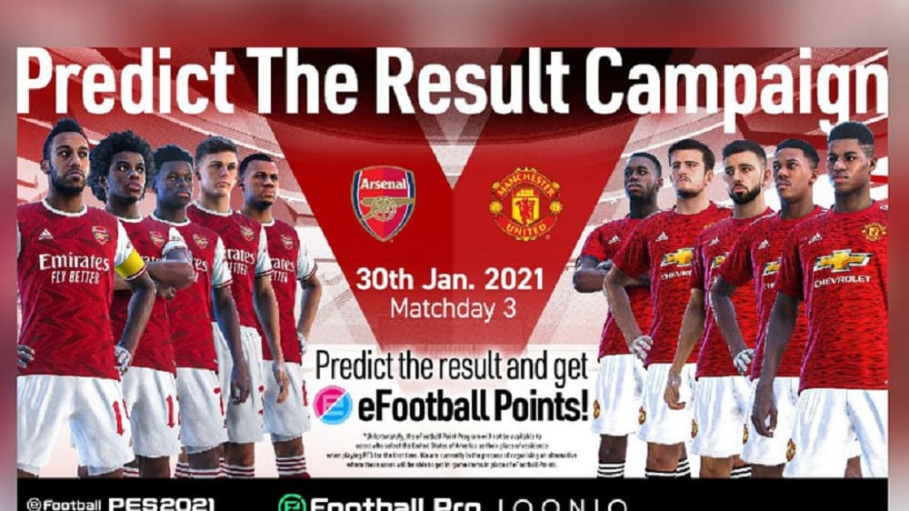 300 eFootball-Punkte gibt es für die richtige Vorhersage des Ausgangs zwischen Manchester und Arsenal.