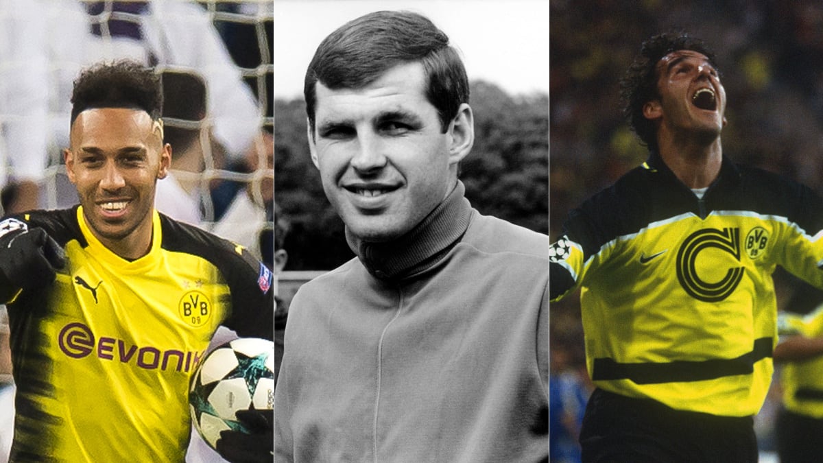 Pierre-Emerick Aubameyang, Lothar Emmerich, Karl-Heinz Riedle (v.l.)