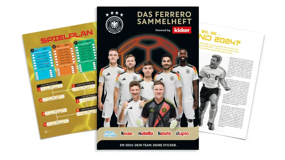 47 Seiten voller Sammelspaß: das Stickerheft von kicker und Ferrero.