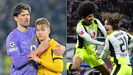 In der Liga auf Erfolgskurs, in der Champions League braucht es Trost: Gregor Kobel spendet Trost für Daniel Svensson (li.), Karim Adeyemi mit Fabio Silva jubeln über ein Tor in Leipzig.
