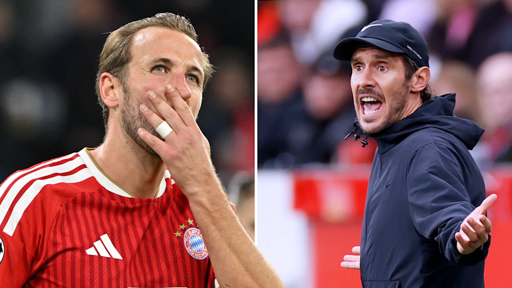 Bayern-Torjäger Harry Kane und Freiburgs Trainer Julian Schuster (re.)